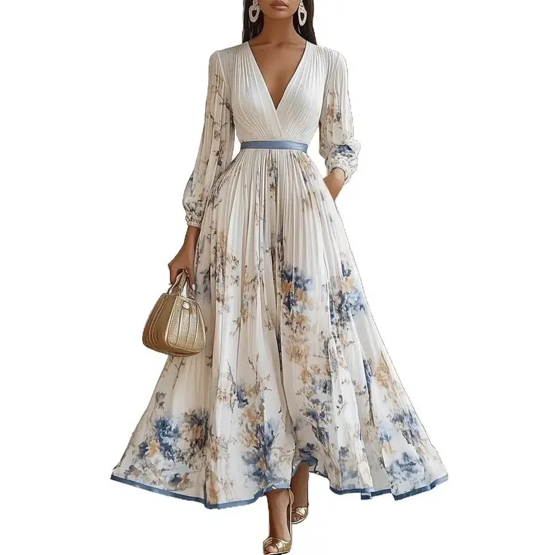 2025 Women Long Sleeve Maxi Long Dresses Floral Printed Pleated A-line Fashion V-neck High Quality Lady Elegant Casual Dress