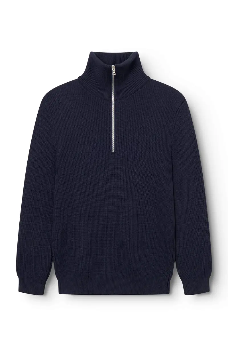 AD 198 - Pull à Col Zippé en laine Bleu Marine