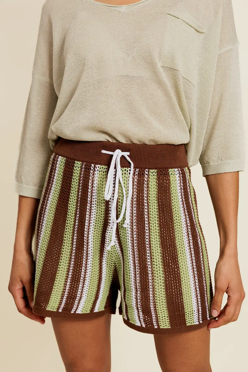 AELINNE - Short Marron/Vert en Coton à Rayures