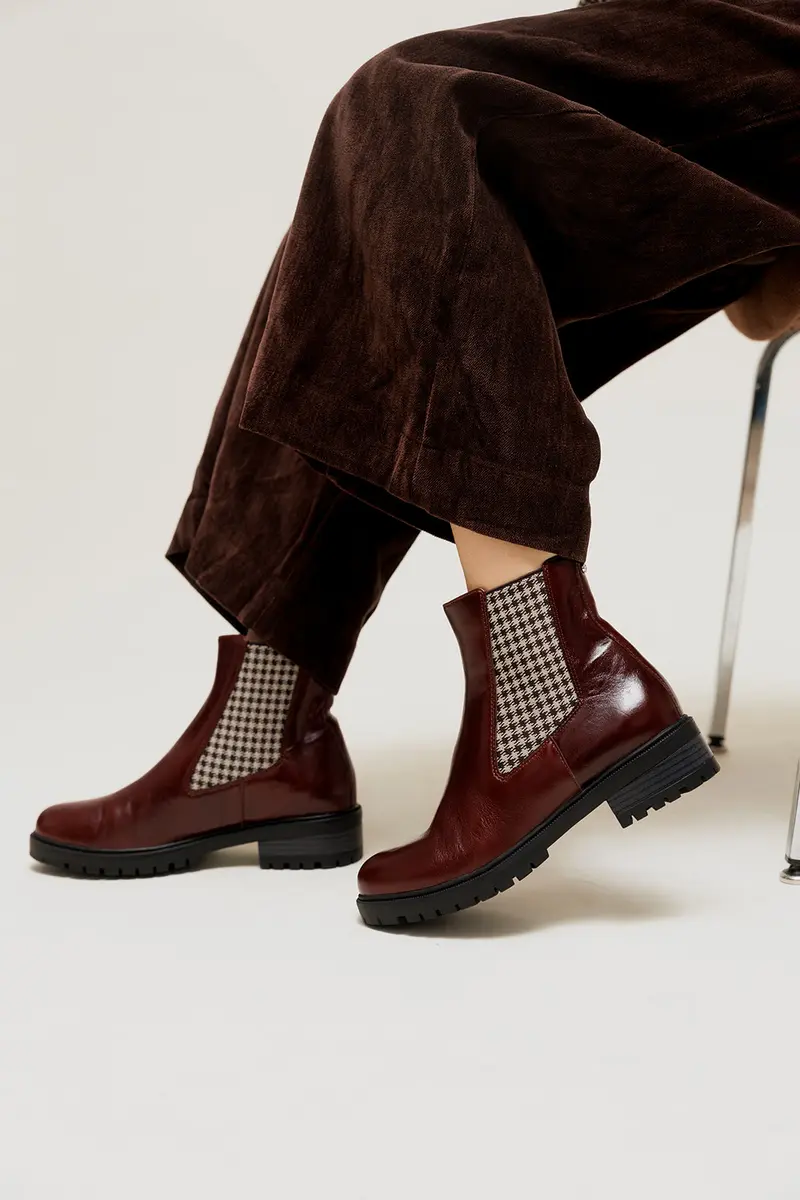 AMALINE - Bottines Motif Pied de Poule en cuir Marron
