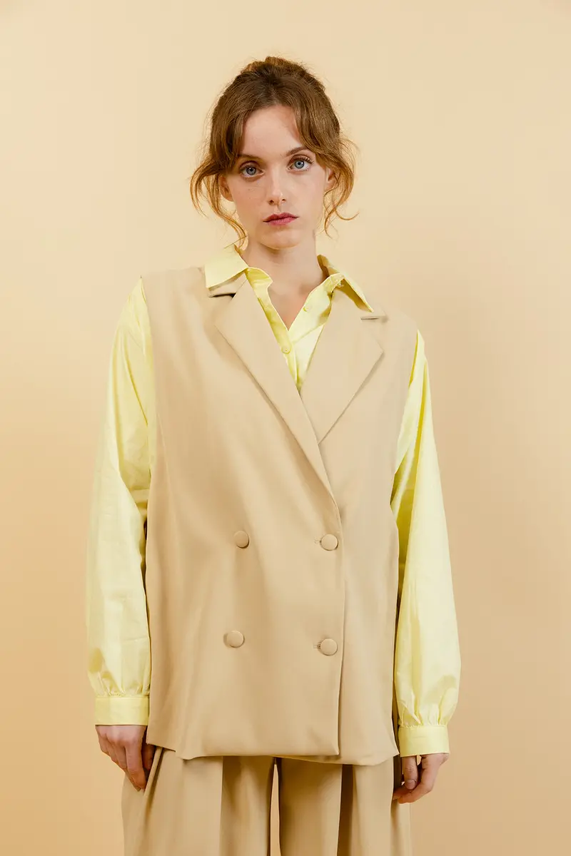 ANAÉ - Blazer Beige Long Sans Manches Uni