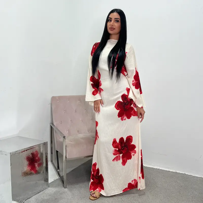 Arabesque cloche manches fluide Maxi Abaya Robe élégante imprimé fleuri musulman modeste Robe longue islamique vacances tenue Robe d'été