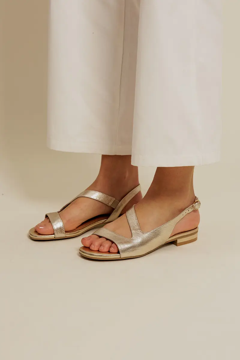 ASHLEY - Sandales Plates en Cuir Doré/Platine