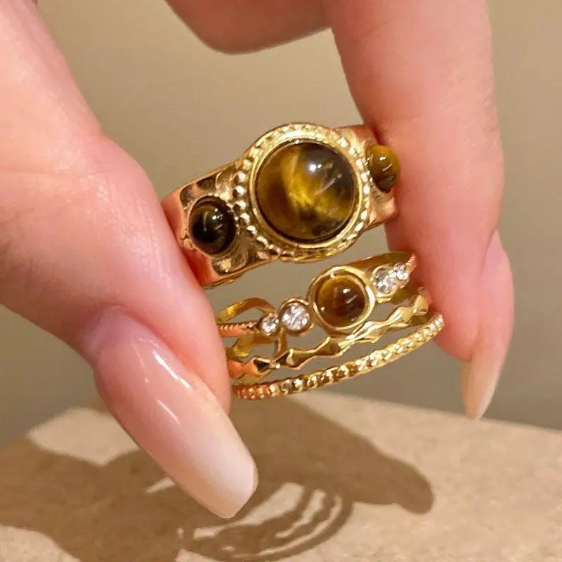 Bague géométrique ajustable effet œil-de-tigre