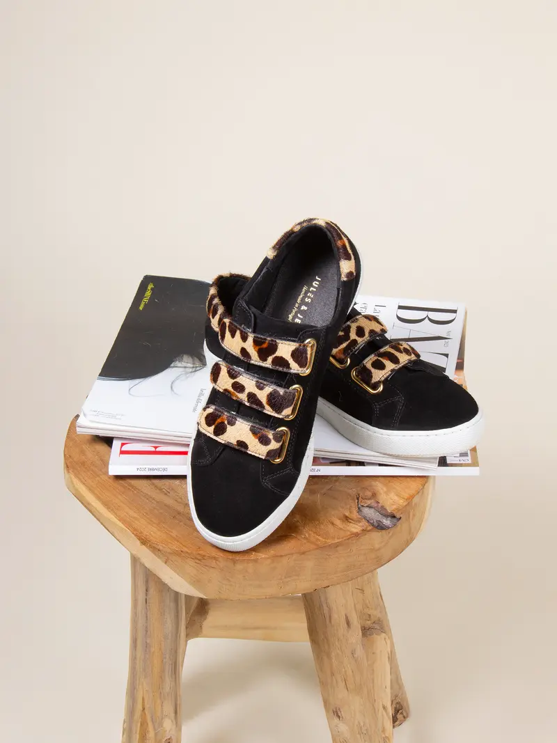 Baskets scratch cuir daim noir léopard
