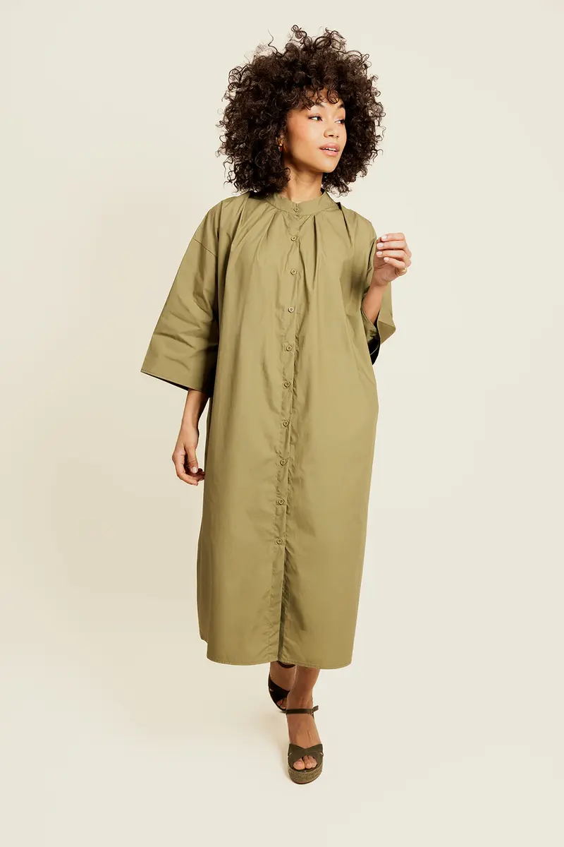 BELISSE - Robe Kaki Midi chemise Col Rond Mao