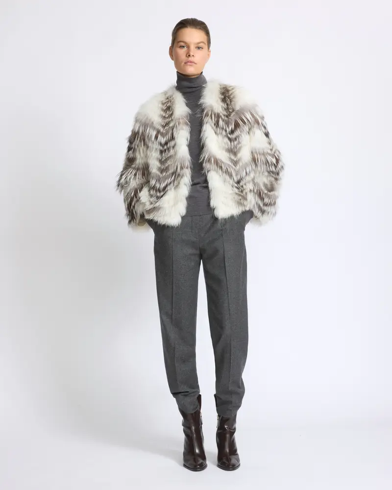 Belted cardigan in merino knit and fox fur