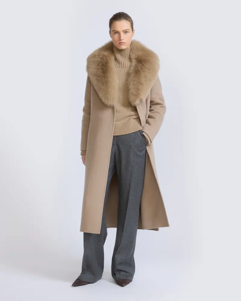 Belted coat in cashmere wool with fox fur collar and lapel
