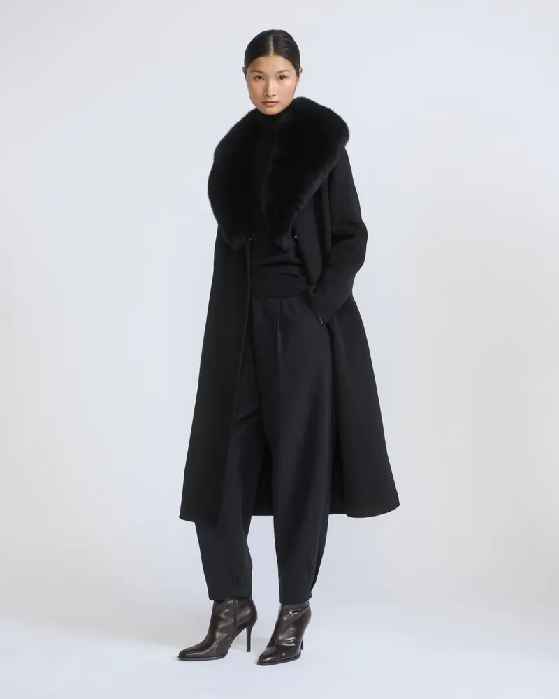 Belted coat in cashmere wool with fox fur collar and lapel