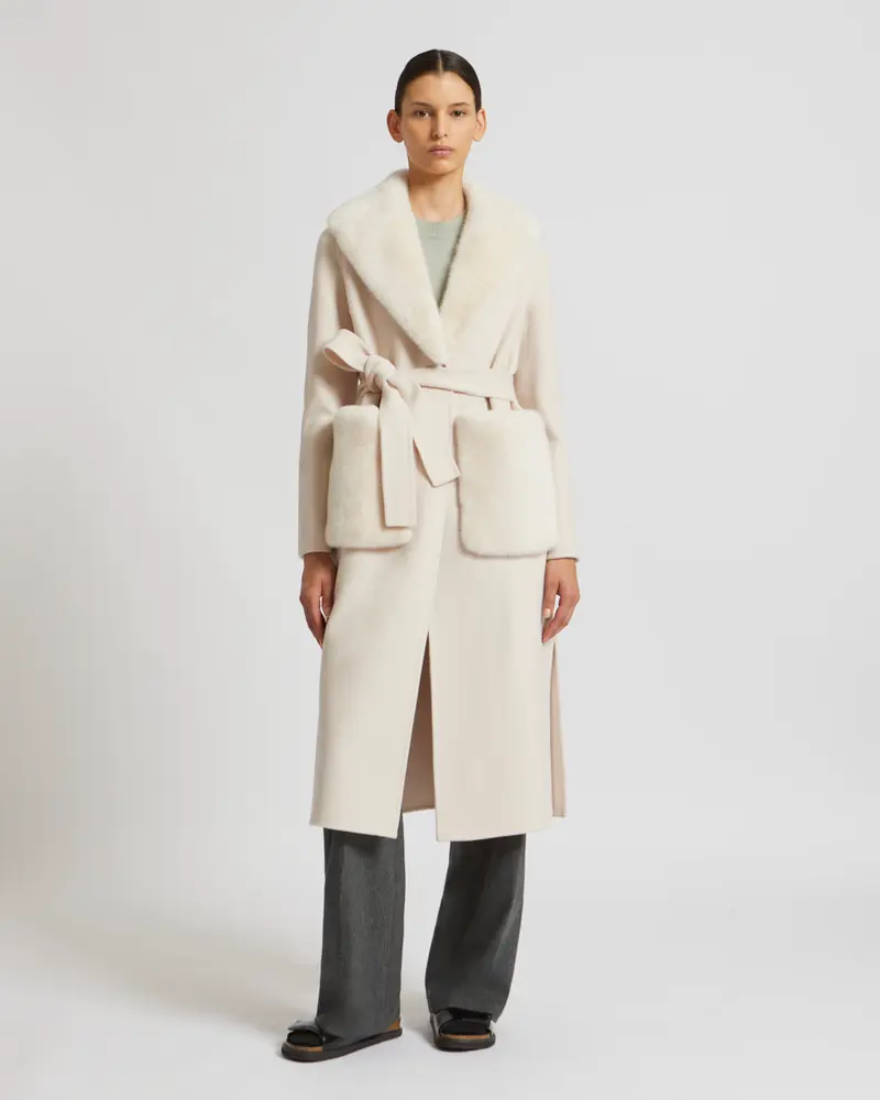 Belted coat in cashmere wool with mink fur collar and over-pockets