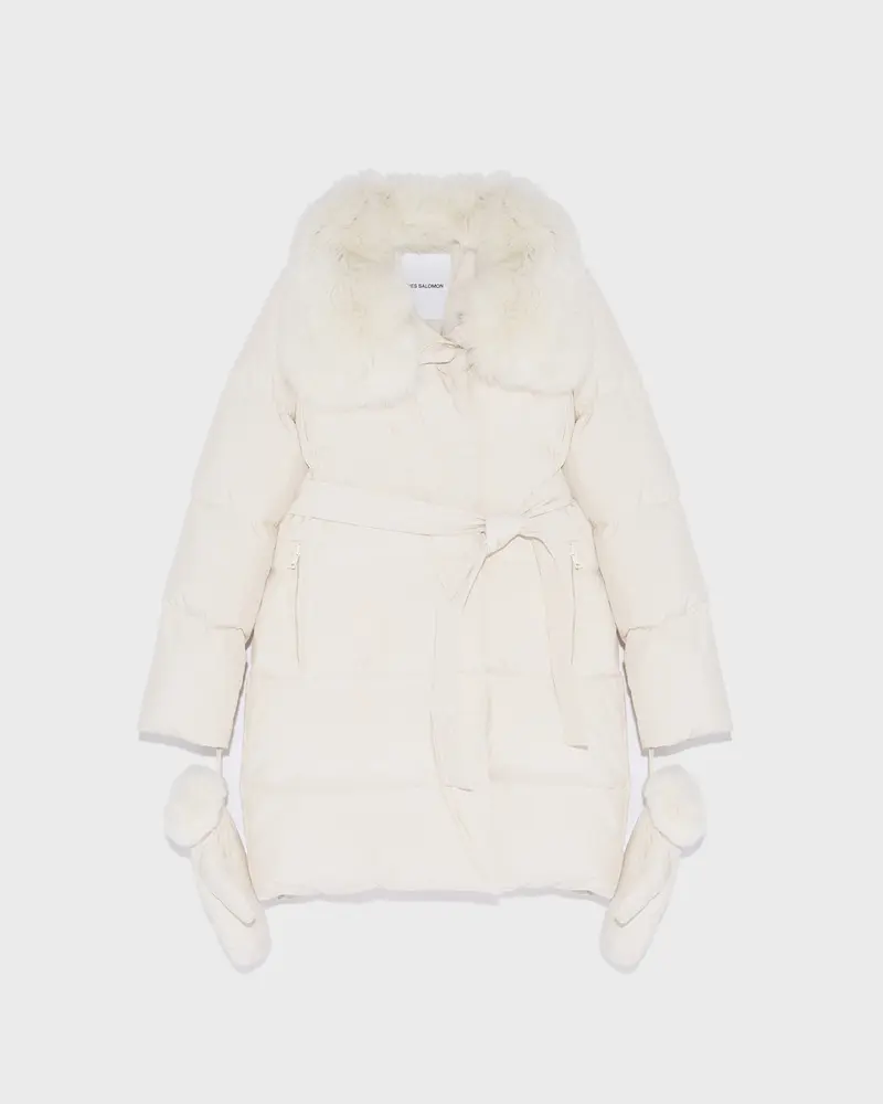Belted down jacket in waterproof technical fabric with fox and rabbit fur