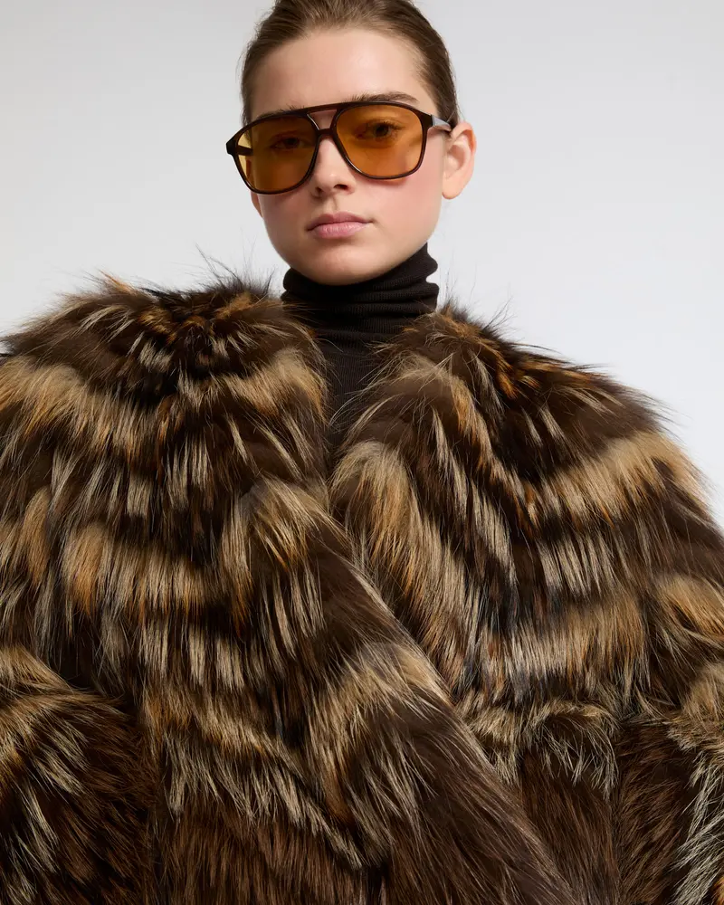 Belted jacket in merino knit and fox fur