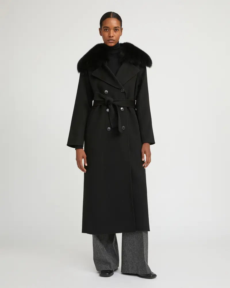 Belted long coat in cashmere wool with fox fur collar