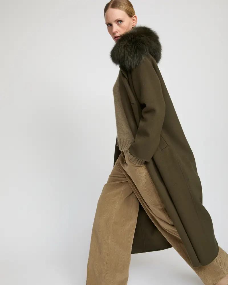 Belted long coat in cashmere wool with fox fur collar