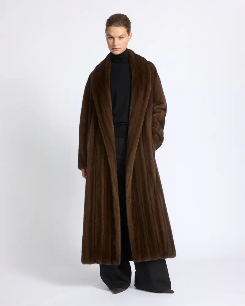 Belted maxi coat in long-haired straightened mink fur
