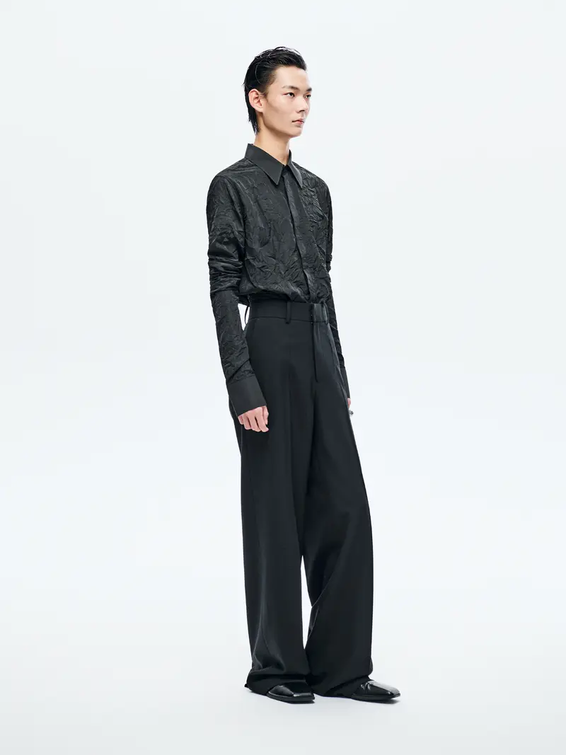 BLACK WOOL WIDE-LEG TROUSERS
