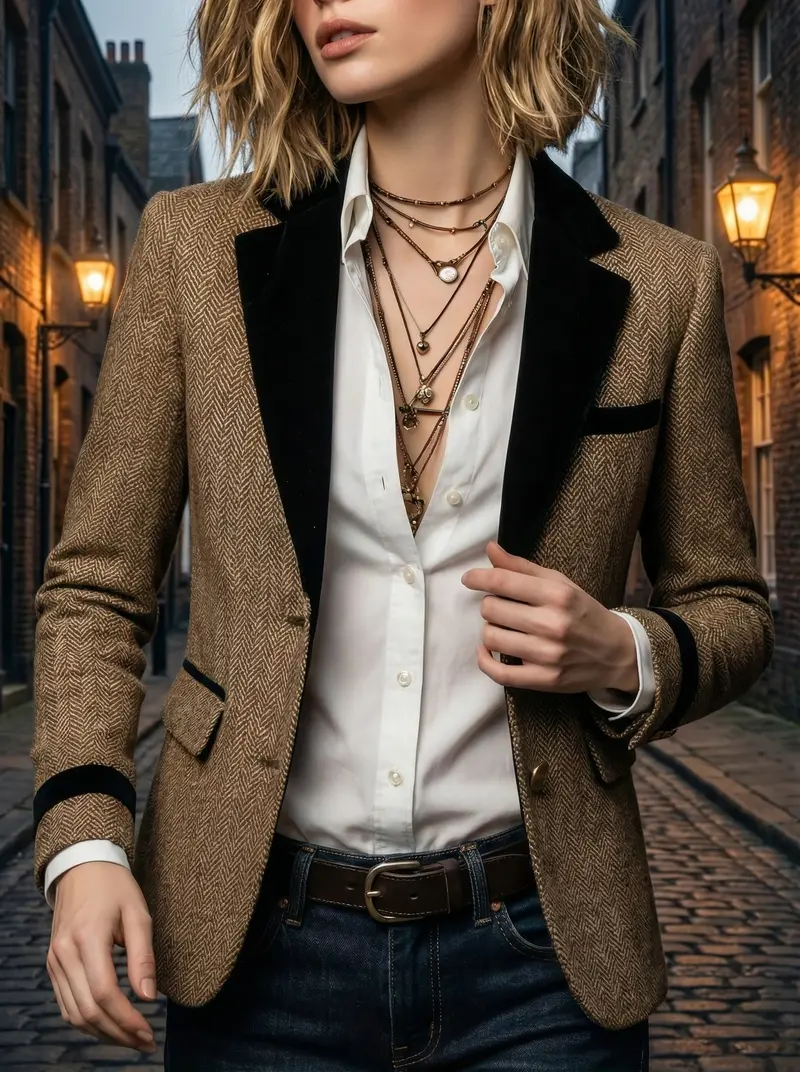 Blazer femme à carreaux avec col contrastant en velours côtelé