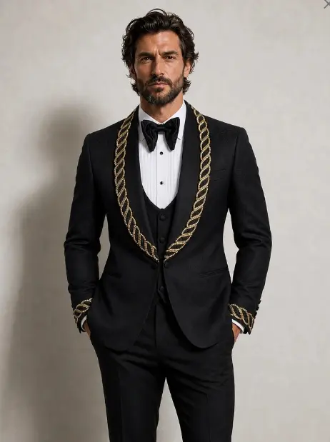 Blazer noir habillé à col châle et cordons dorés