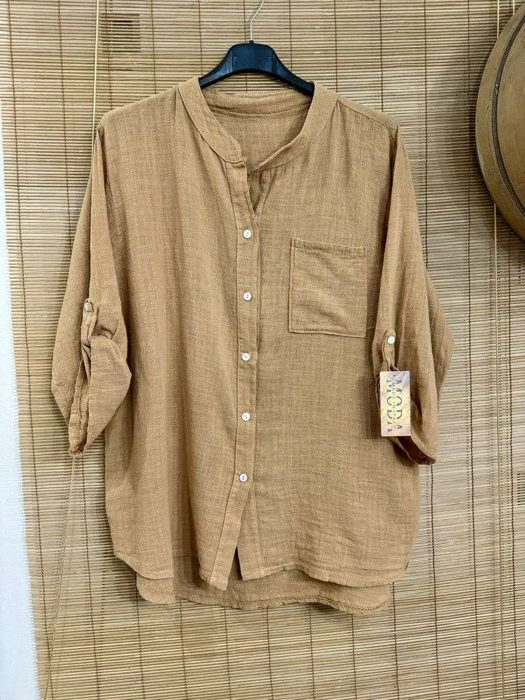 Blouse en coton col tunisien camel