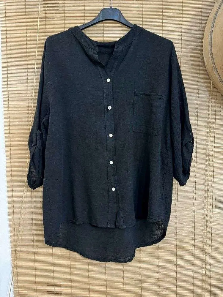 Blouse en coton col tunisien noire