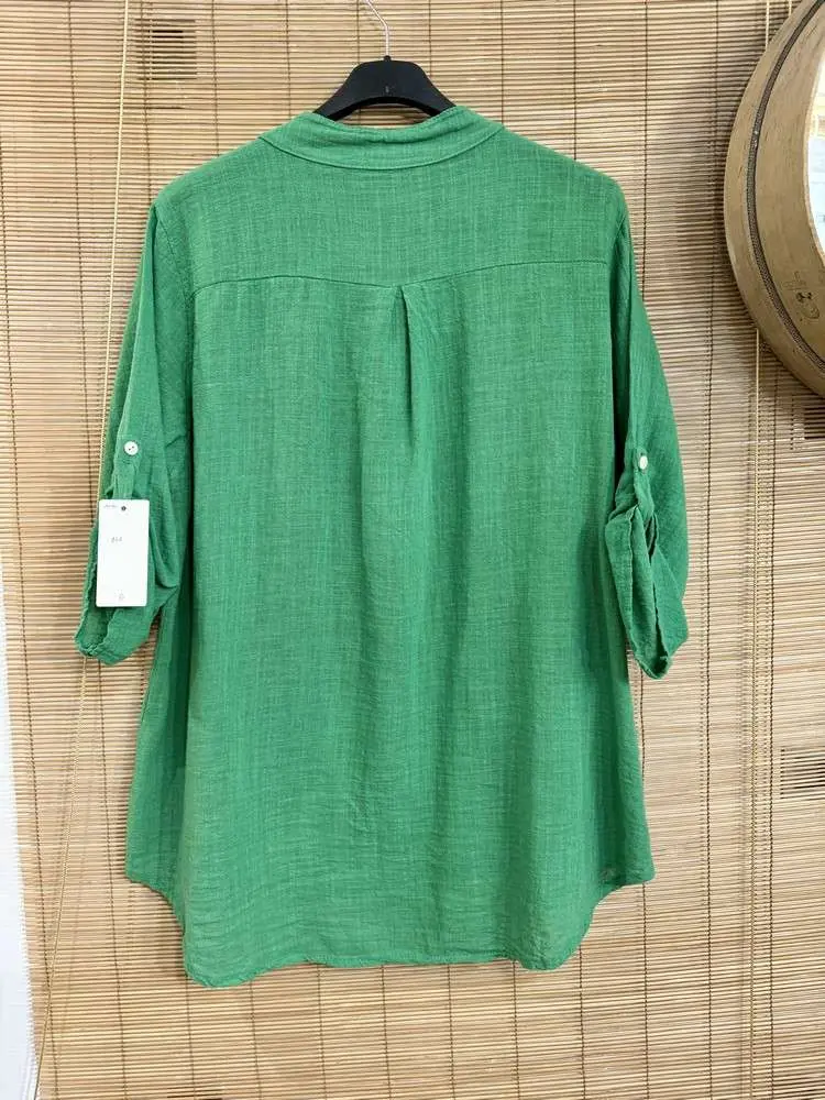 Blouse en coton col tunisien verte