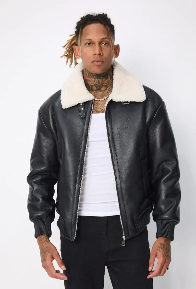 Blouson aviateur noir col sherpa beige homme