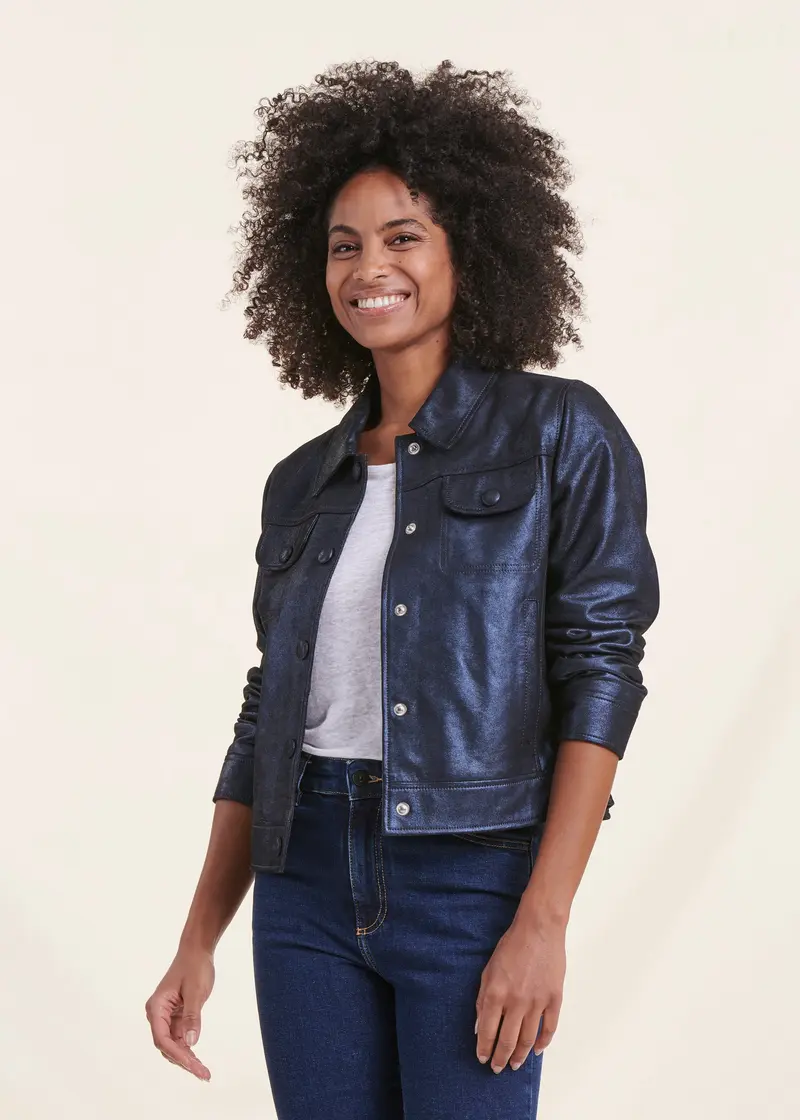 Blouson bleu marine en cuir