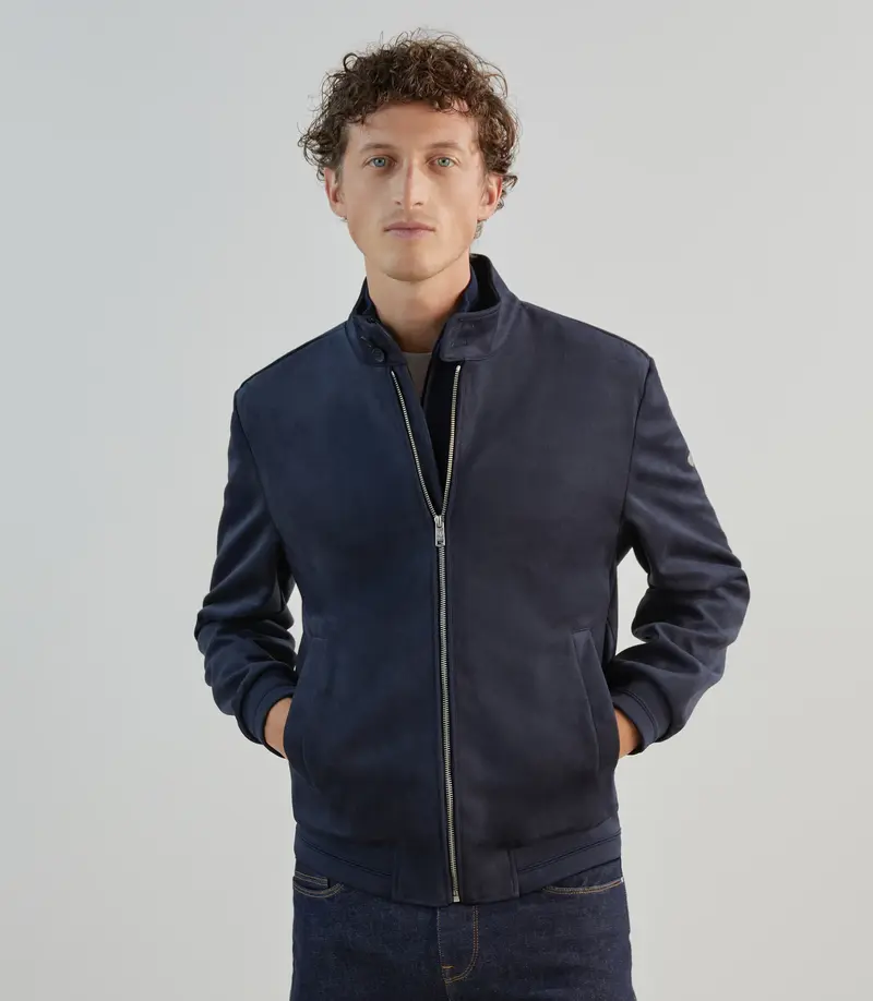 Blouson col montant en suède marine