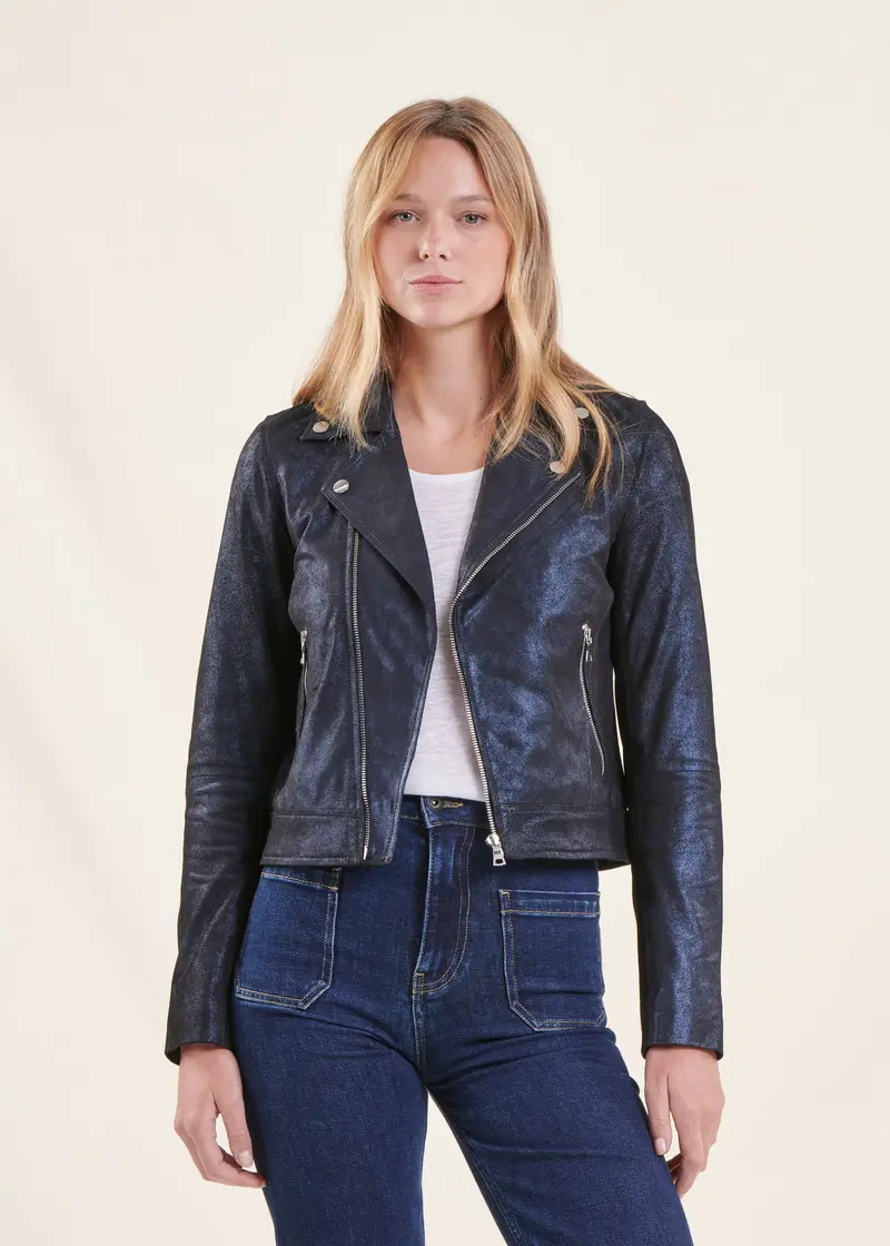Blouson cuir bleu marine coupe biker
