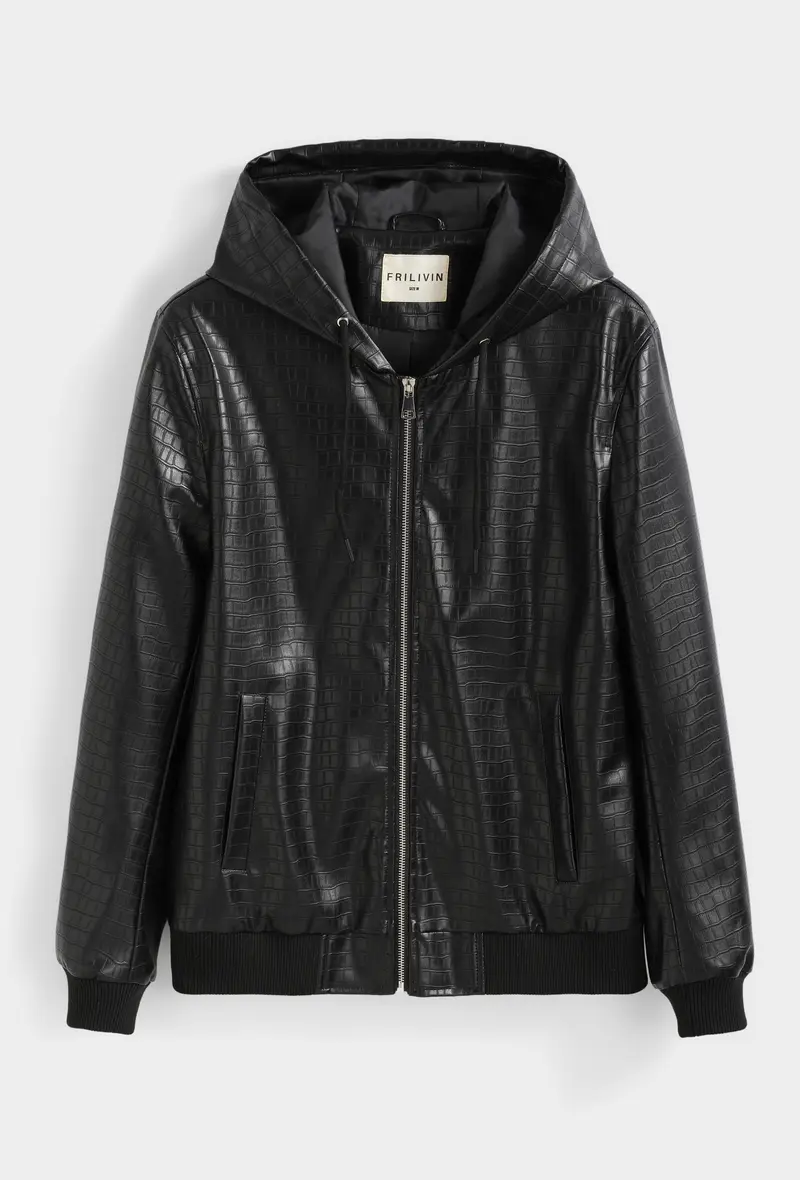 Blouson Homme à Capuche Simili Cuir Effet Croco
