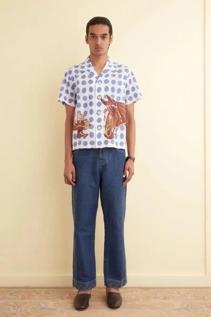 Bode Jockey Dot Short Sleeve Shirt Blue Multi