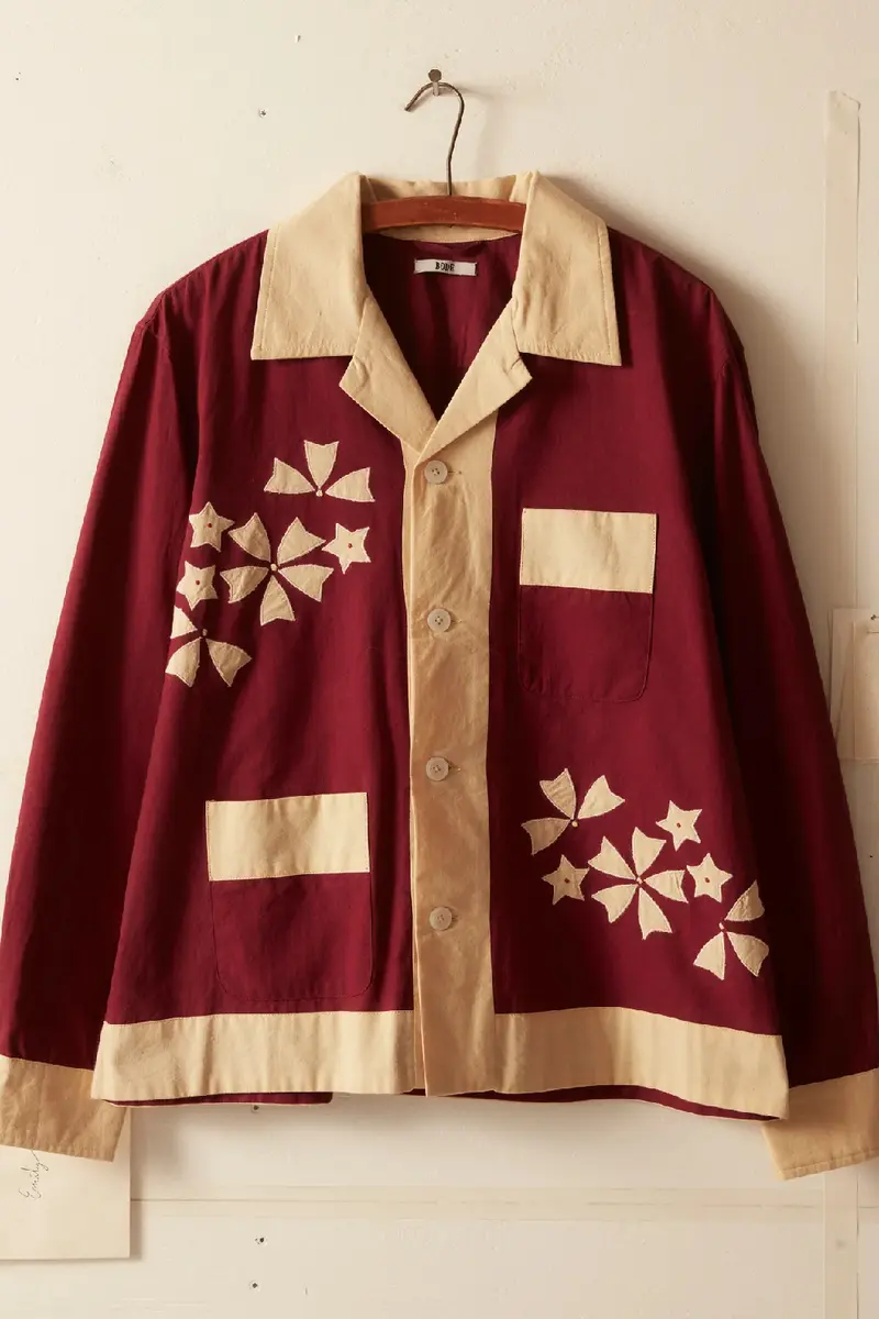 Bode Moonflower Applique Long Sleeve Shirt Maroon