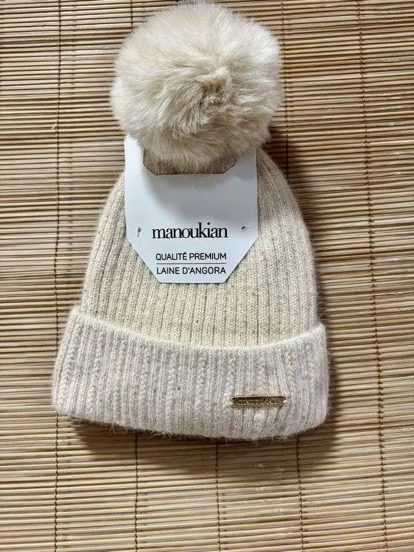 Bonnet femme pompom MANOUKIAN beige