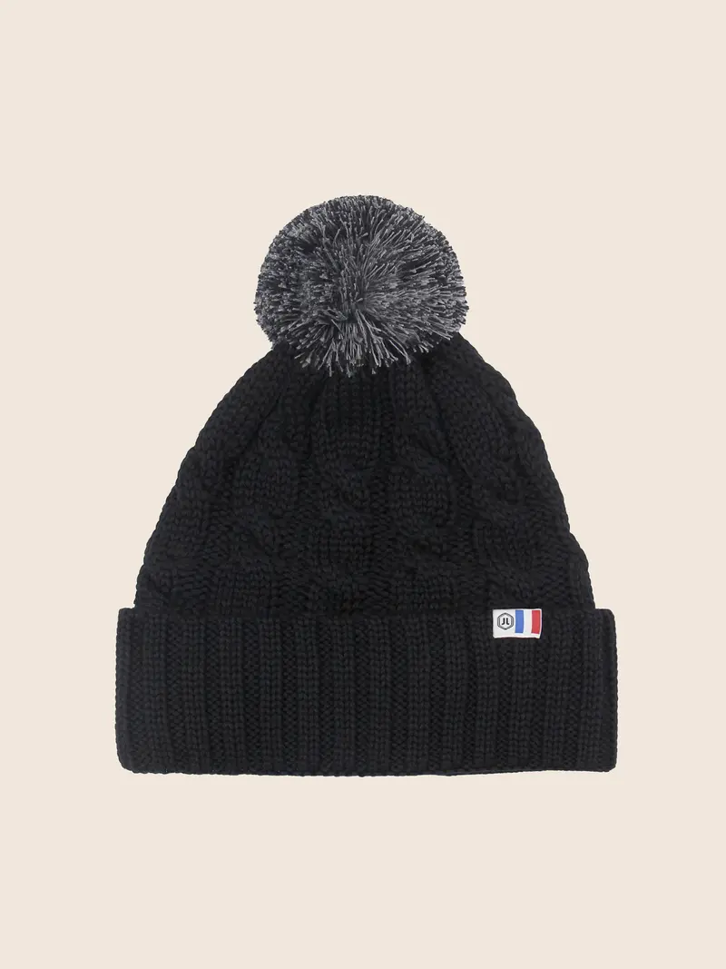 Bonnet pompon laine noir gris