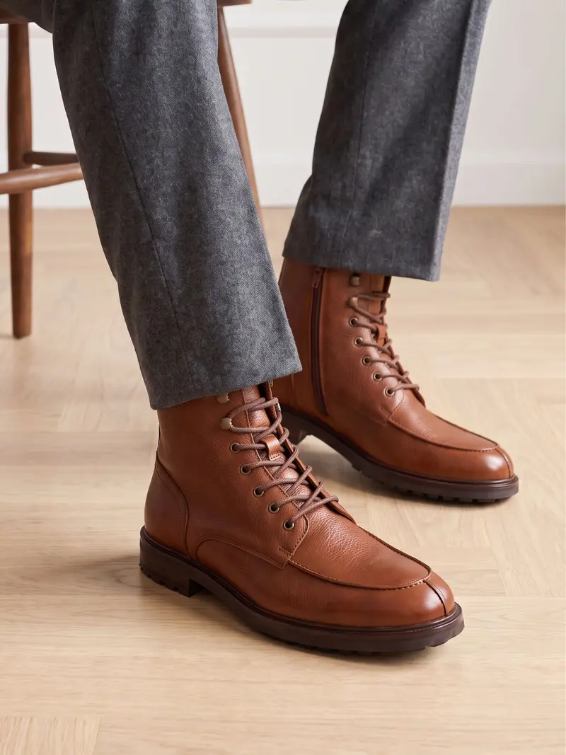 Boots plateau cuir grainé cognac