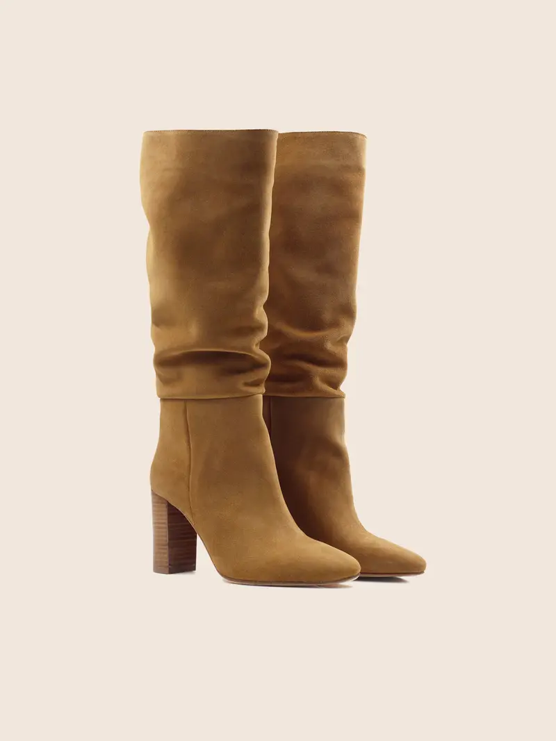 Bottes drapées cuir daim cognac