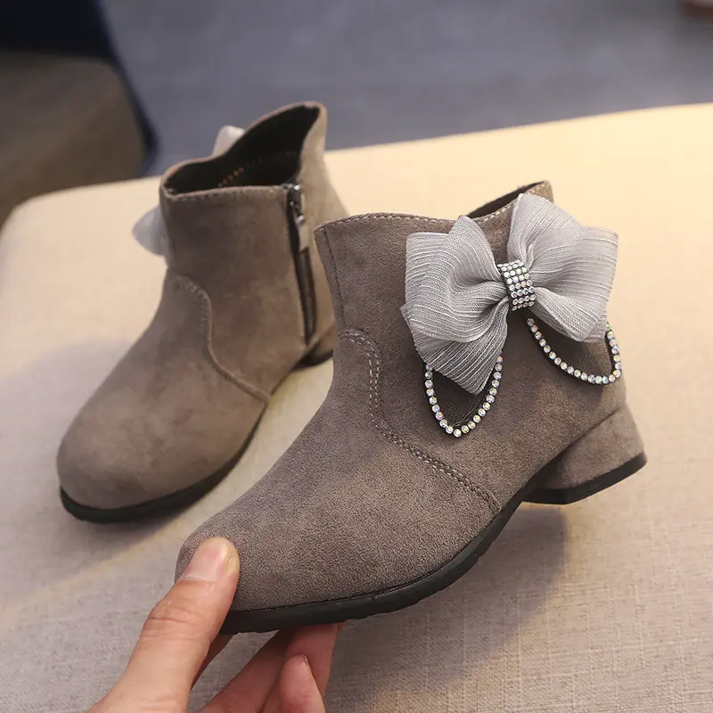 Bottines fille à nœud et zip latéral, semelle intérieure fourrée