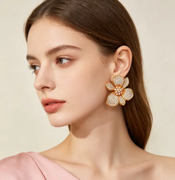 Boucles d’oreilles pendantes fleur scintillante, ton doré