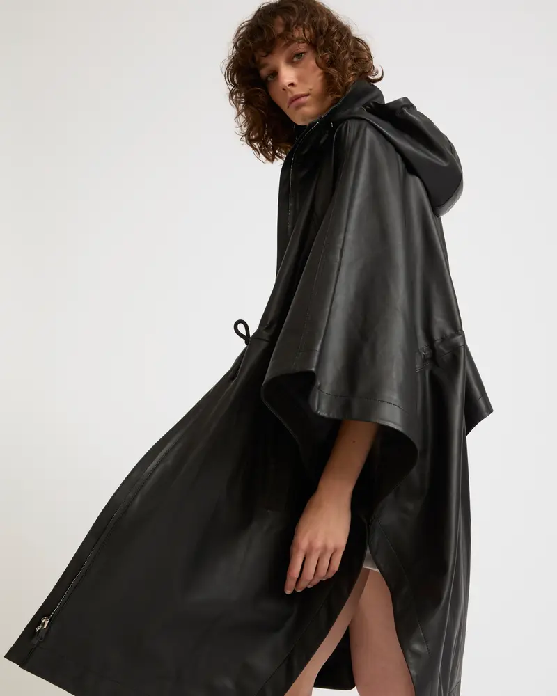 Cape parka à capuche en cuir d'agneau imperméable