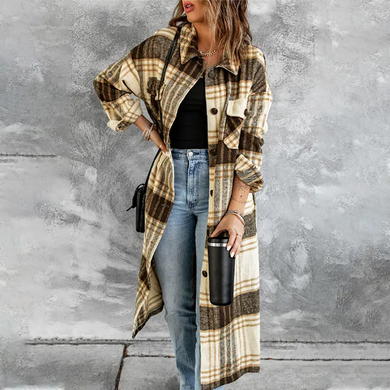 Cardigan Long À Carreaux Femme Hiver – Polyester Doux S à 2XL