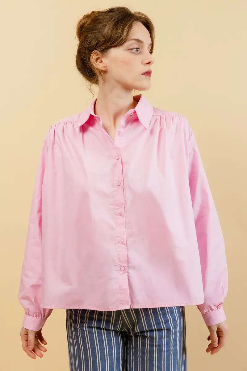 CARLOTA - Chemise Unie Rose avec Col Français