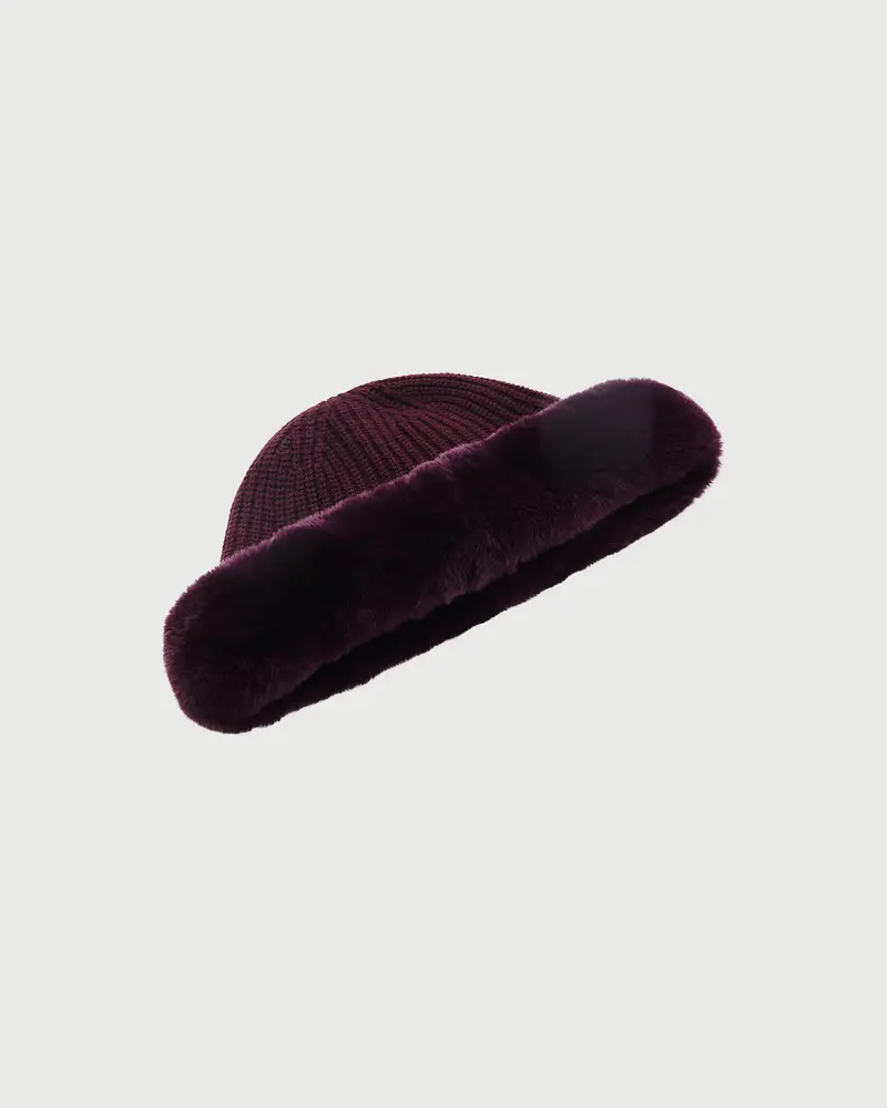 Cashmere and wool knit beanie with rex rabbit fur turn-up