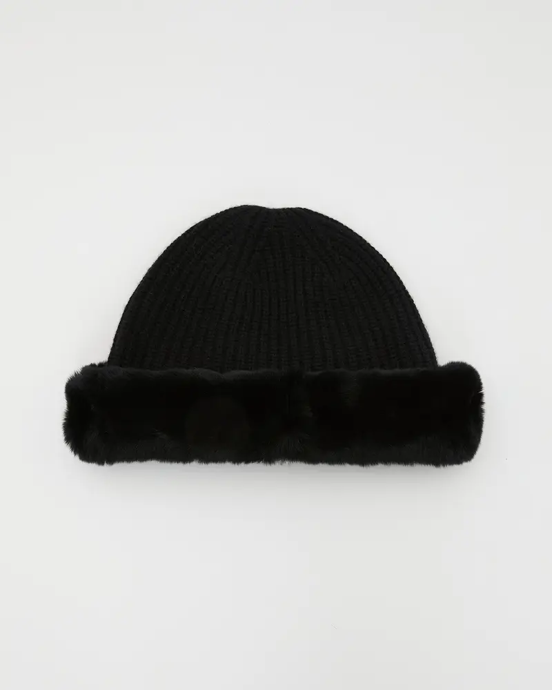 Cashmere and wool knit beanie with rex rabbit fur turn-up
