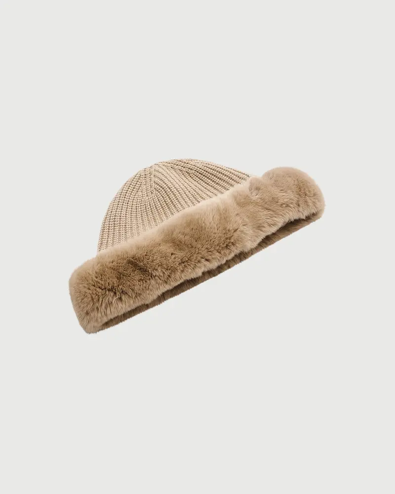 Cashmere and wool knit beanie with rex rabbit fur turn-up