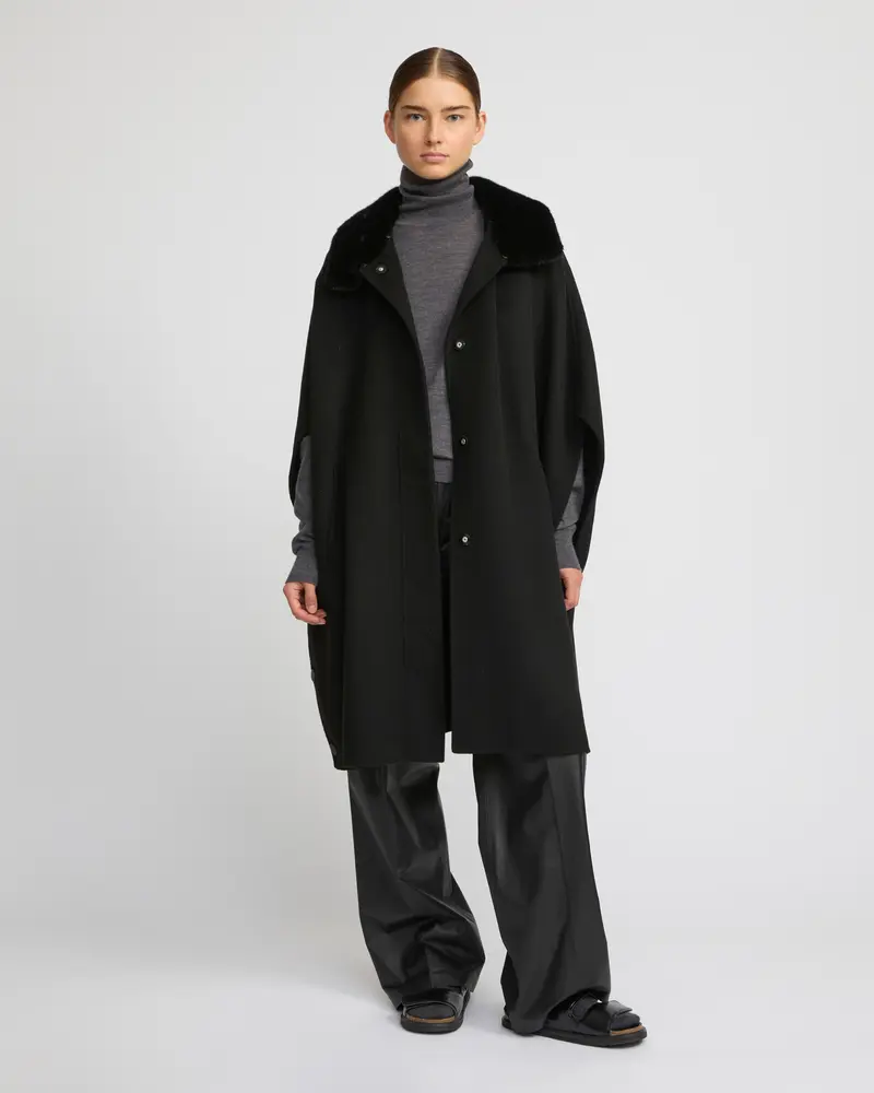 Cashmere-blend cape with removable mink fur collar
