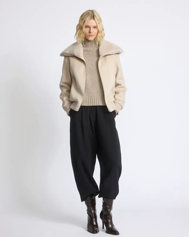 Cashmere-blend cropped blouson with removable mink fur collar