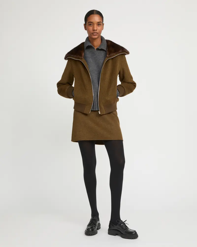 Cashmere-blend cropped blouson with removable mink fur collar