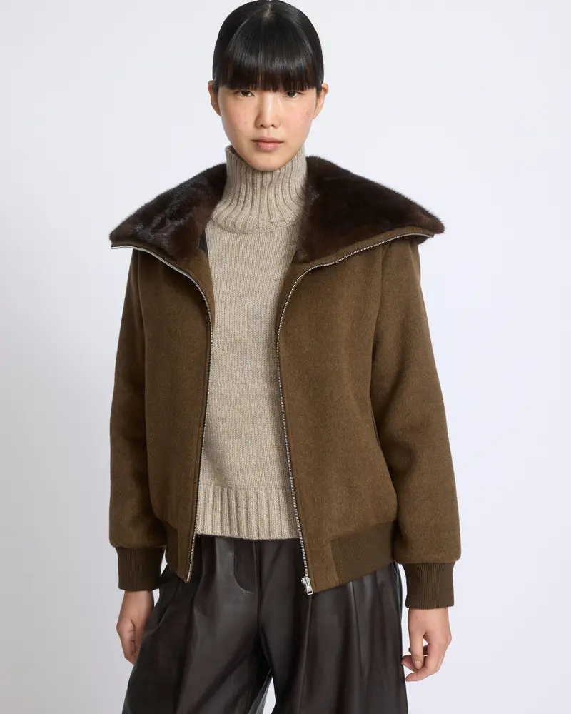 Cashmere-blend cropped blouson with removable mink fur collar
