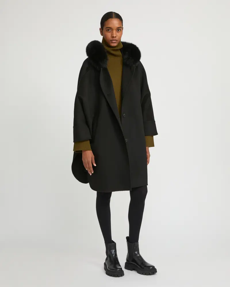 Cashmere blend hooded cape with fox trim