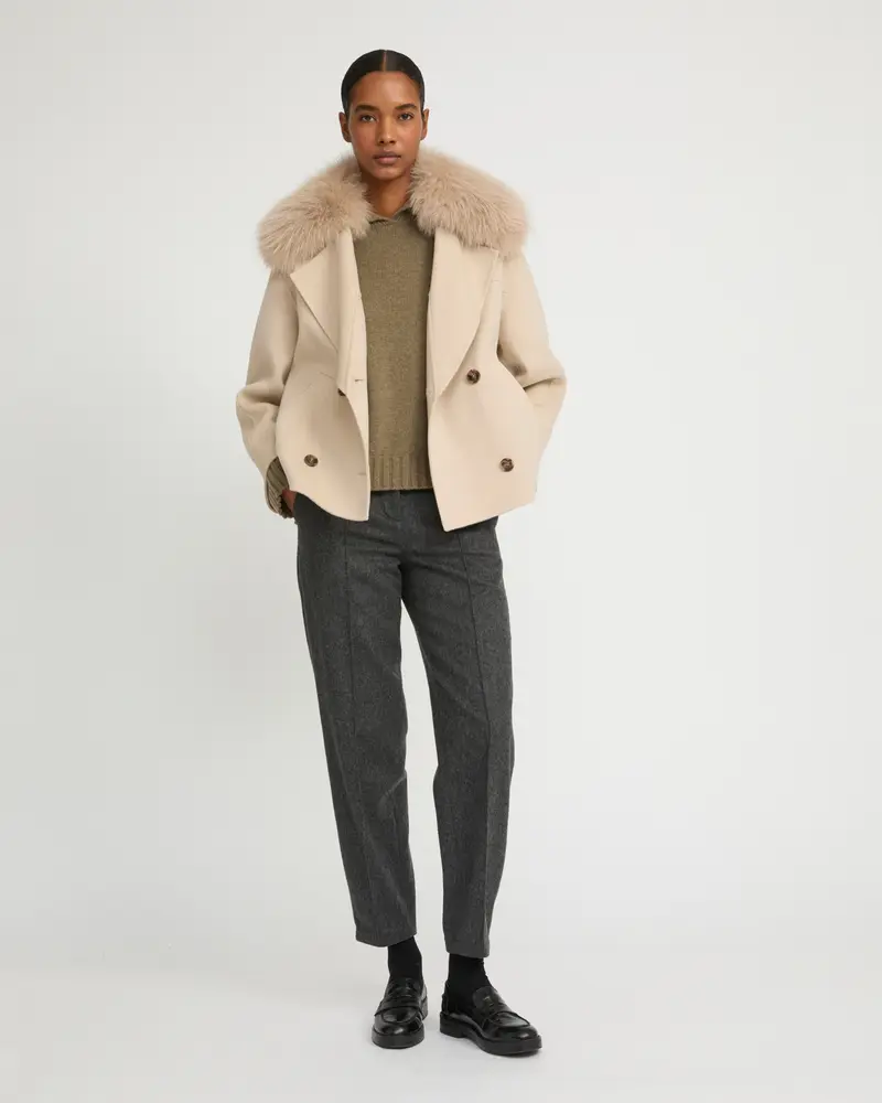 Cashmere-blend pea jacket with removable fox fur collar